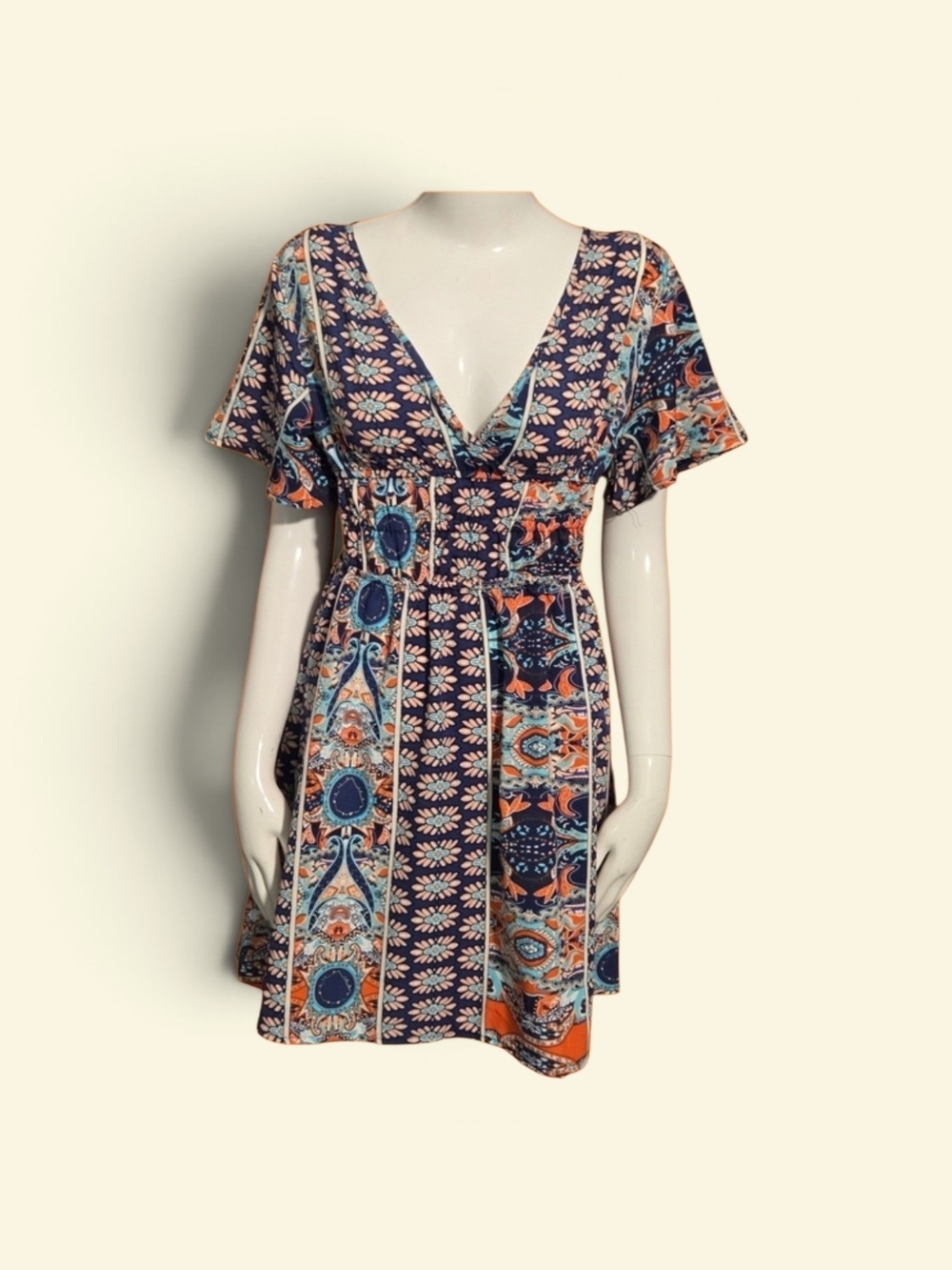 Bohemian Navy Floral V-Neck Short Dress